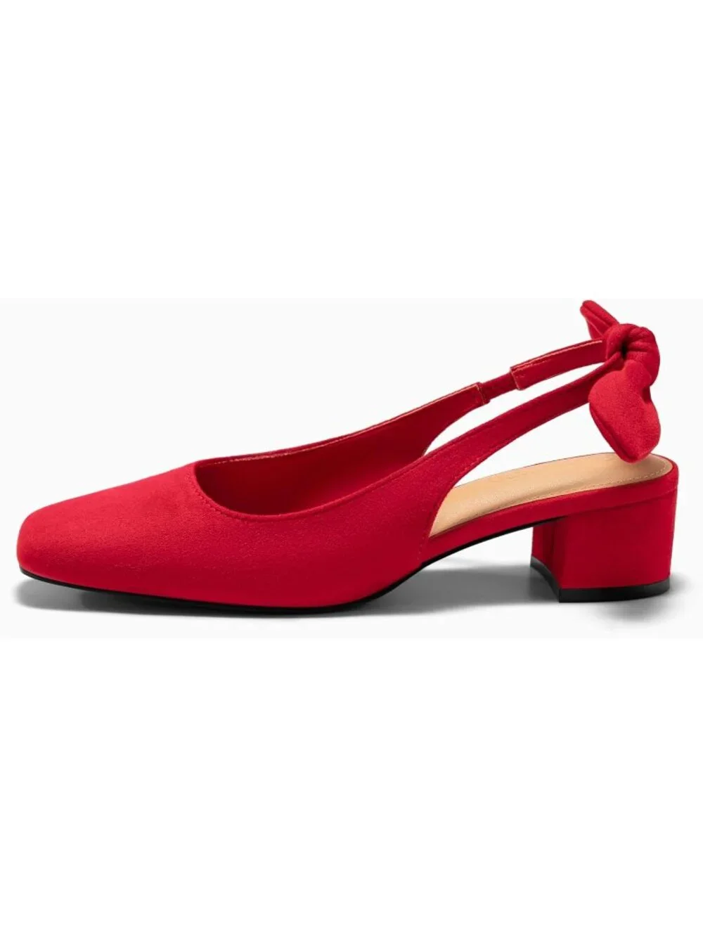 Women's Red Faux Suede Chunky Low Heels Bow Slingback Closed Square Toe Pumps